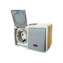 INTERRUPTOR EXTERIOR IP54 DE 1 VIA CON LUZ Y ENCHUFE SCHUKO TIPO F CON OBTURADOR DE SEGURIDAD CON TAPA EXTERNA