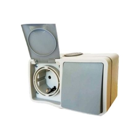 INTERRUPTOR EXTERIOR IP54 DE 2 VIAS 10AX 250V Y BASE ENCHUFE SCHUKO 16A 250V 2P+T