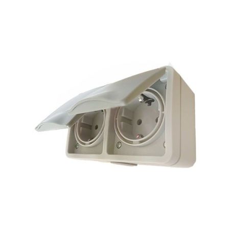 ENCHUFE DOBLE SCHUKO GRIS DE EXTERIOR IP54 CON TAPA EXTERNA