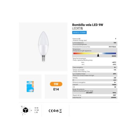 BOMBILLA LED VELA 9W/E14 3000K LUZ CALIDA CJ120